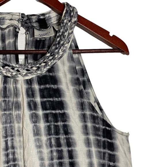 Antibes Blanc High Neck Tie Dye Black White Flowy Top Braided Collar Rayon XL - Picture 7 of 16